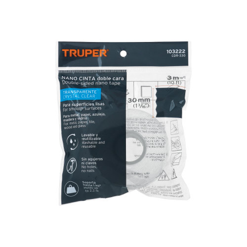 Cinta nano doble faz reutilizable, transparente, 30 mm x 3 m